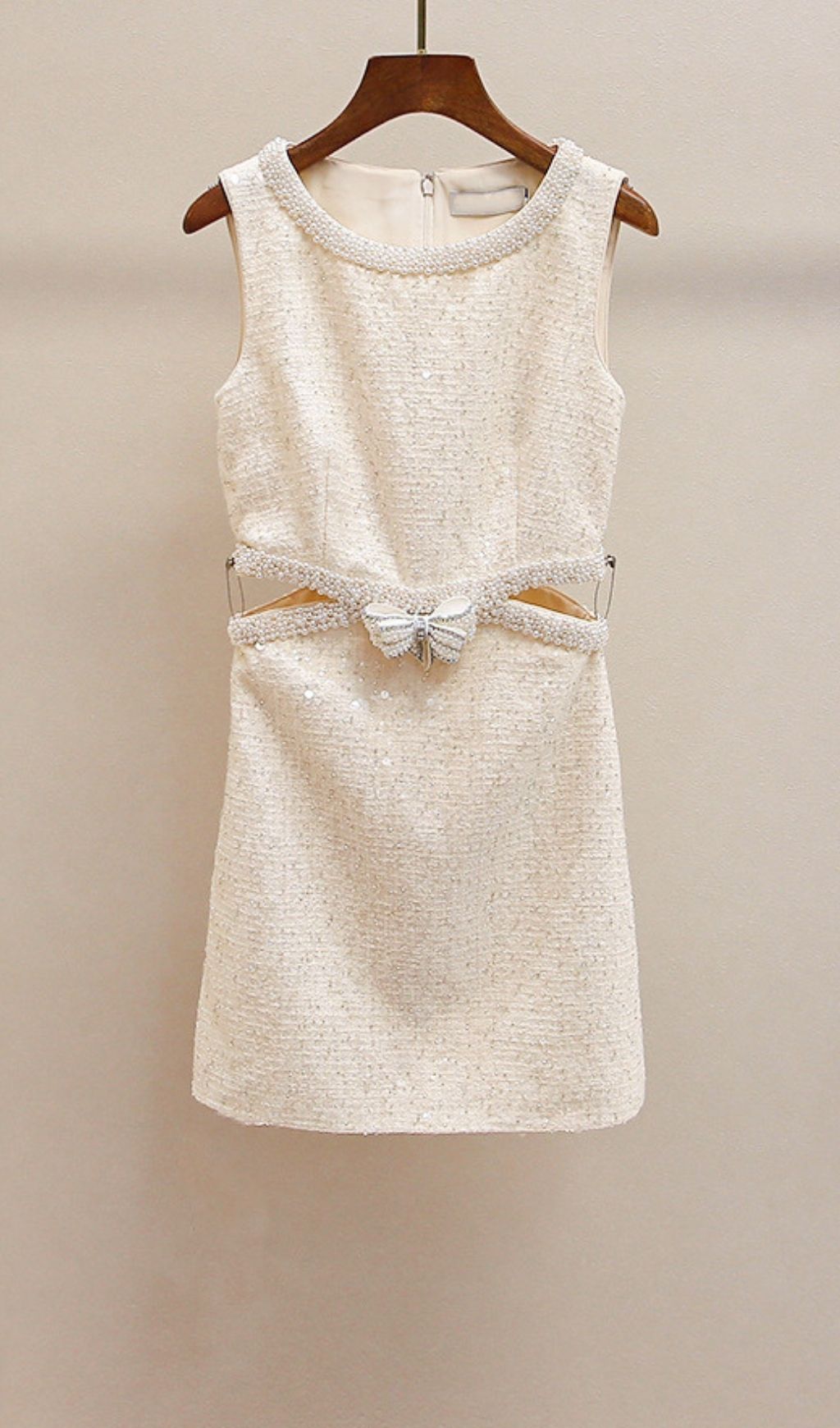 TRENDING CREAM BOUCLE PEARL MINI DRESS - OWNCI