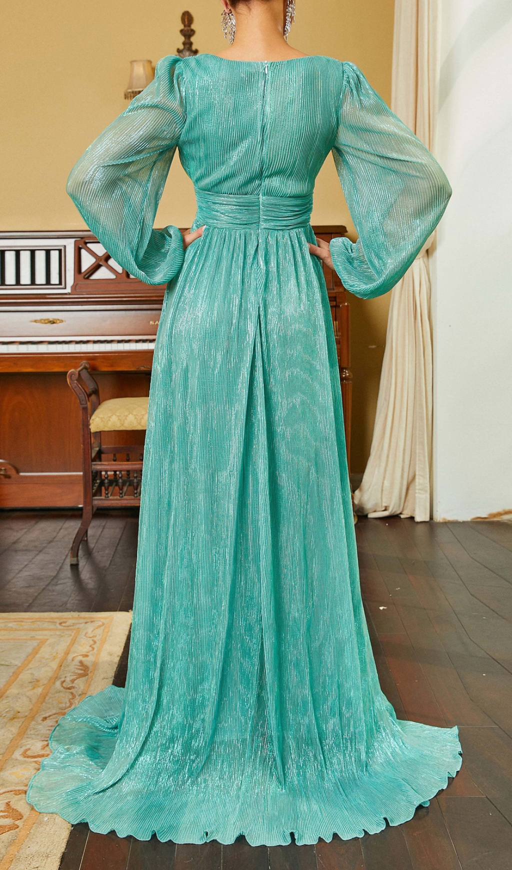 Fashionslee Women Briseis Green V-Neck Long Sleeve Maxi Dress