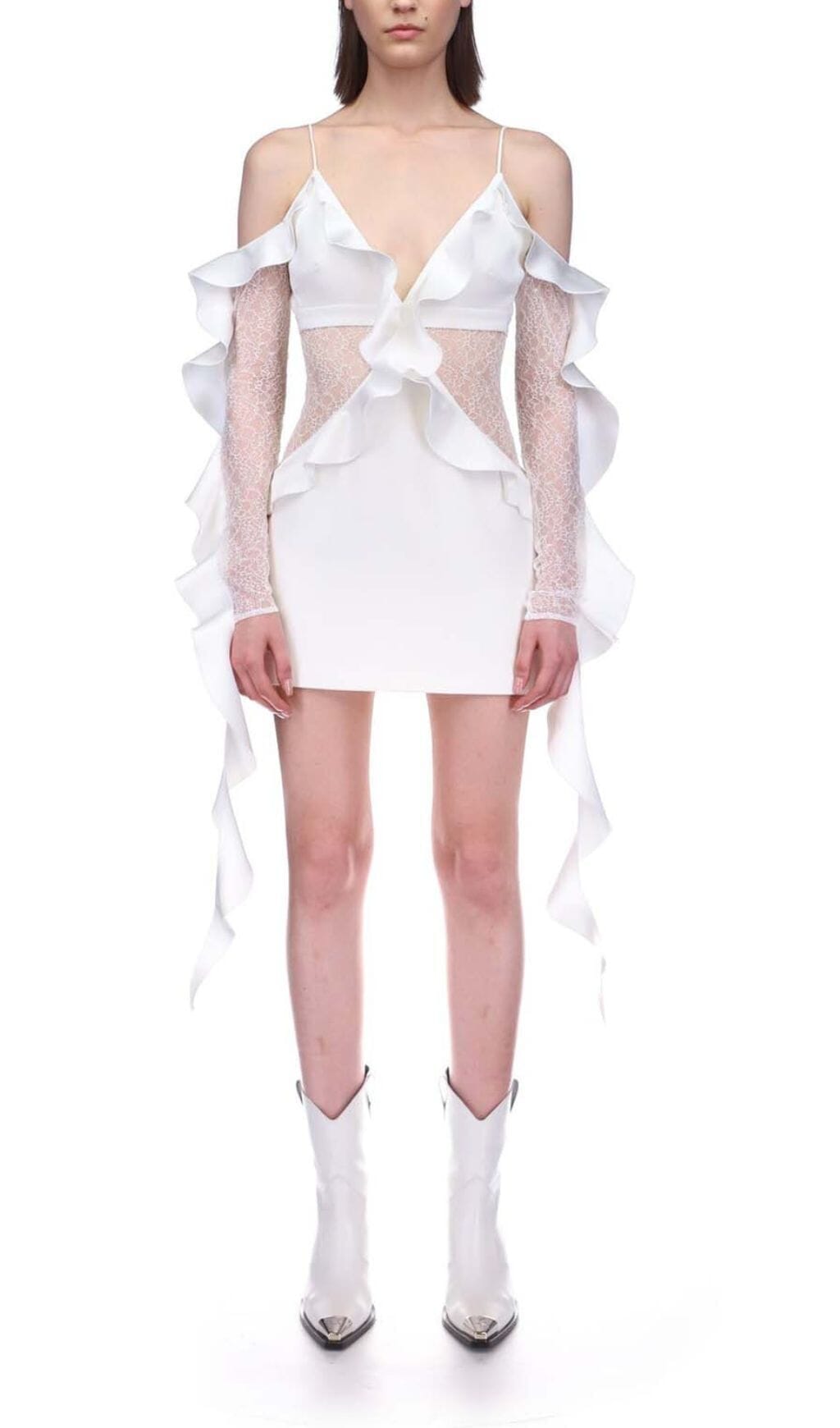 Fashionslee Women Ruffled Lace Mini Dress In White