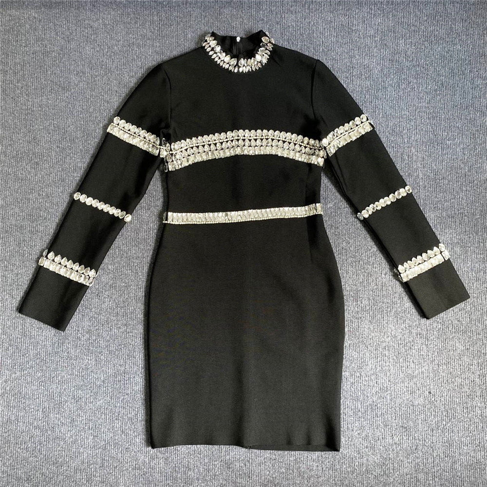 fb1c586e9de623b3a74c144bc92d17ca.jpeg Fashionslee Women Silver Stones Long Sleeve Mini Dress In Black