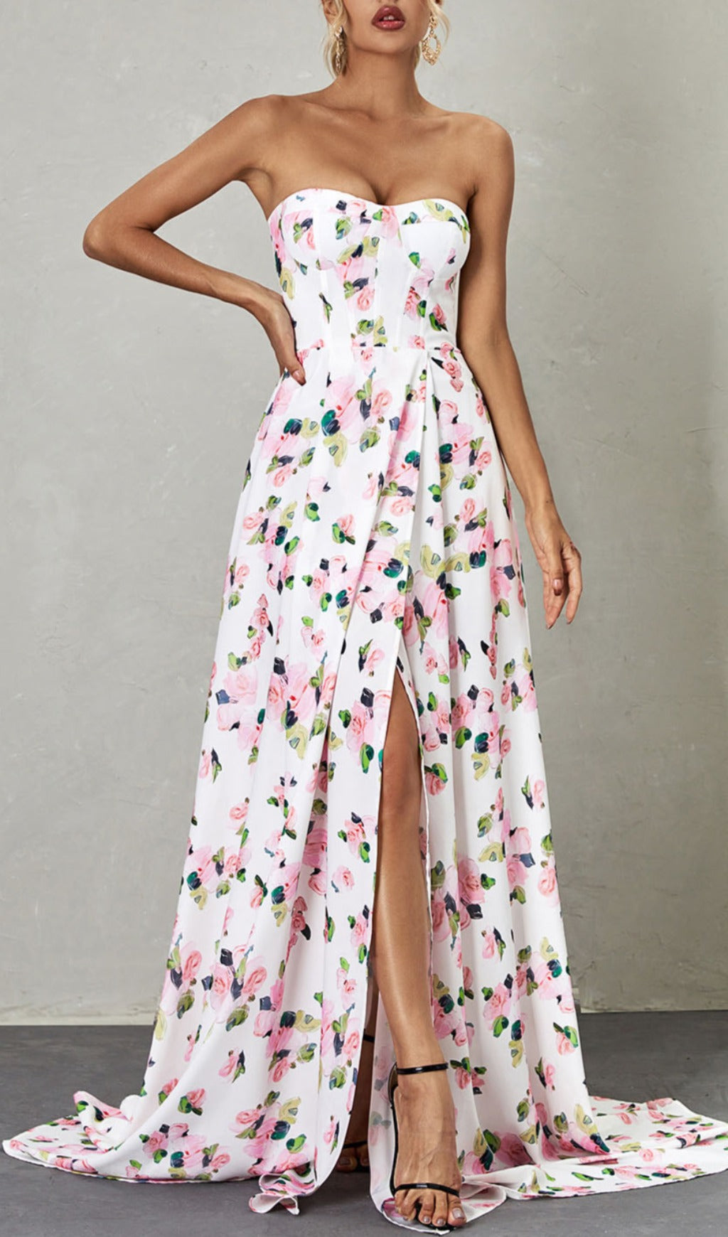 Fashionslee Women Strapless Floral Split Maxi Dress