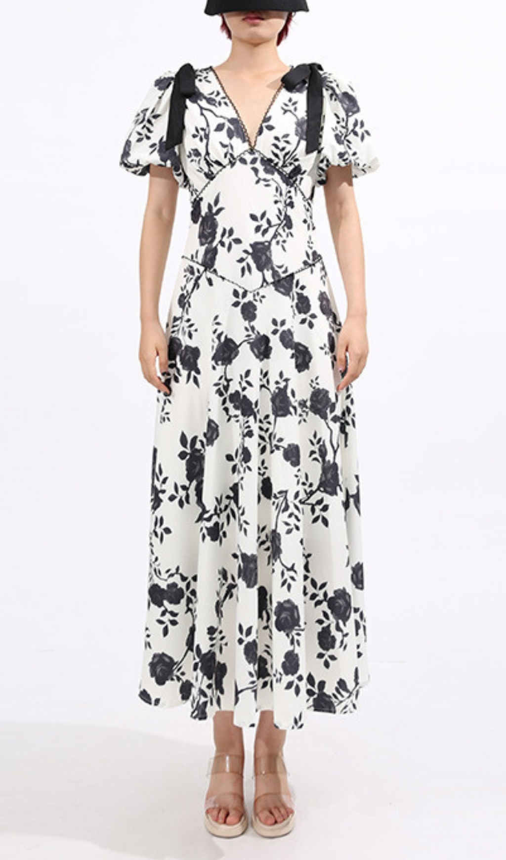 Fashionslee Women Filip Flower Printed V-Neck Midi Dress
