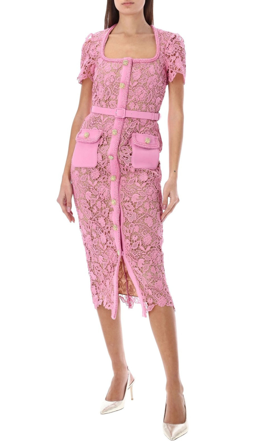 Fashionslee Women Anna Pink Guipure Lace Midi Dress