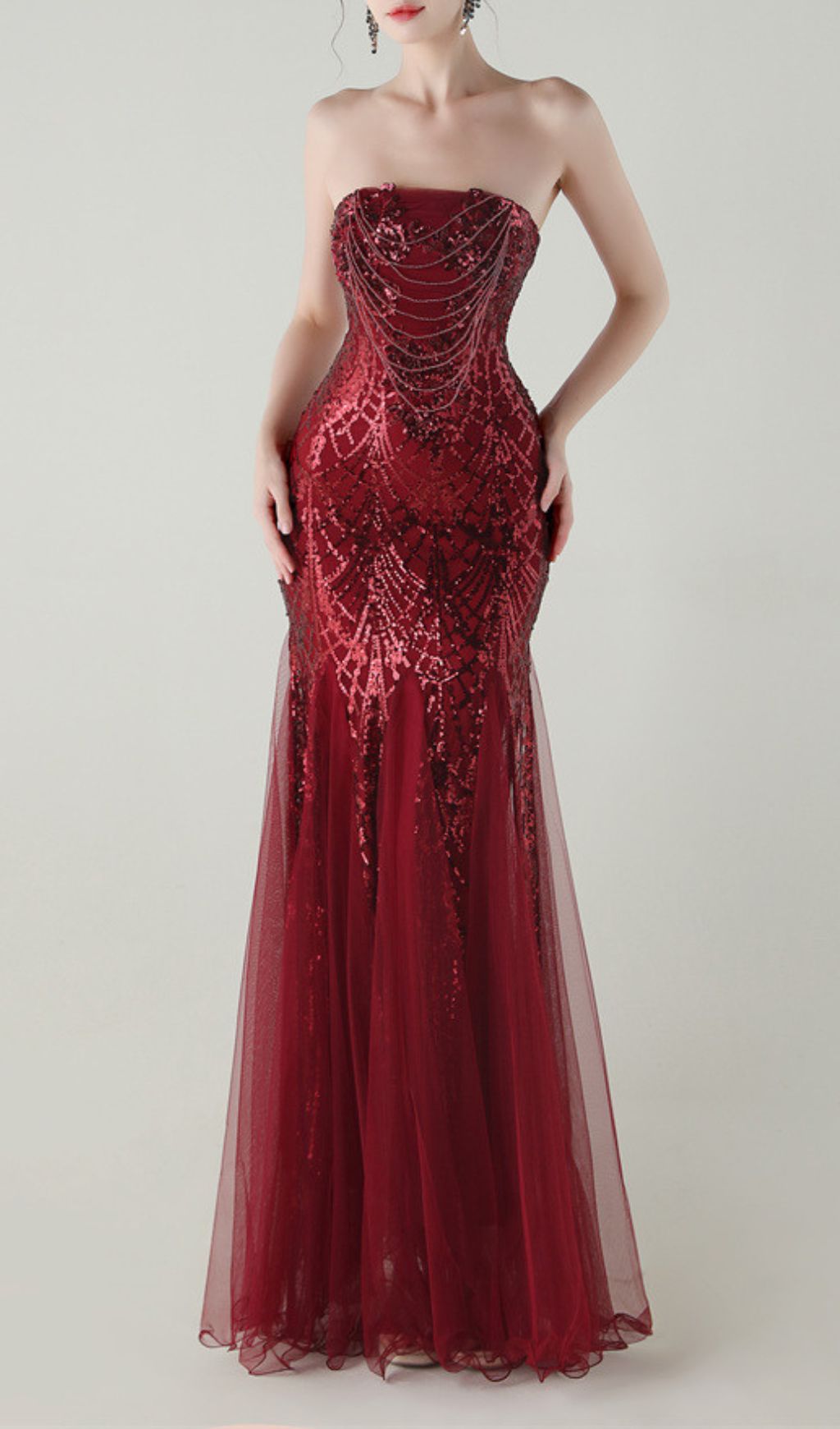 Fashionslee Women Ikuye Red Strapless Sequin Mesh Maxi Dress