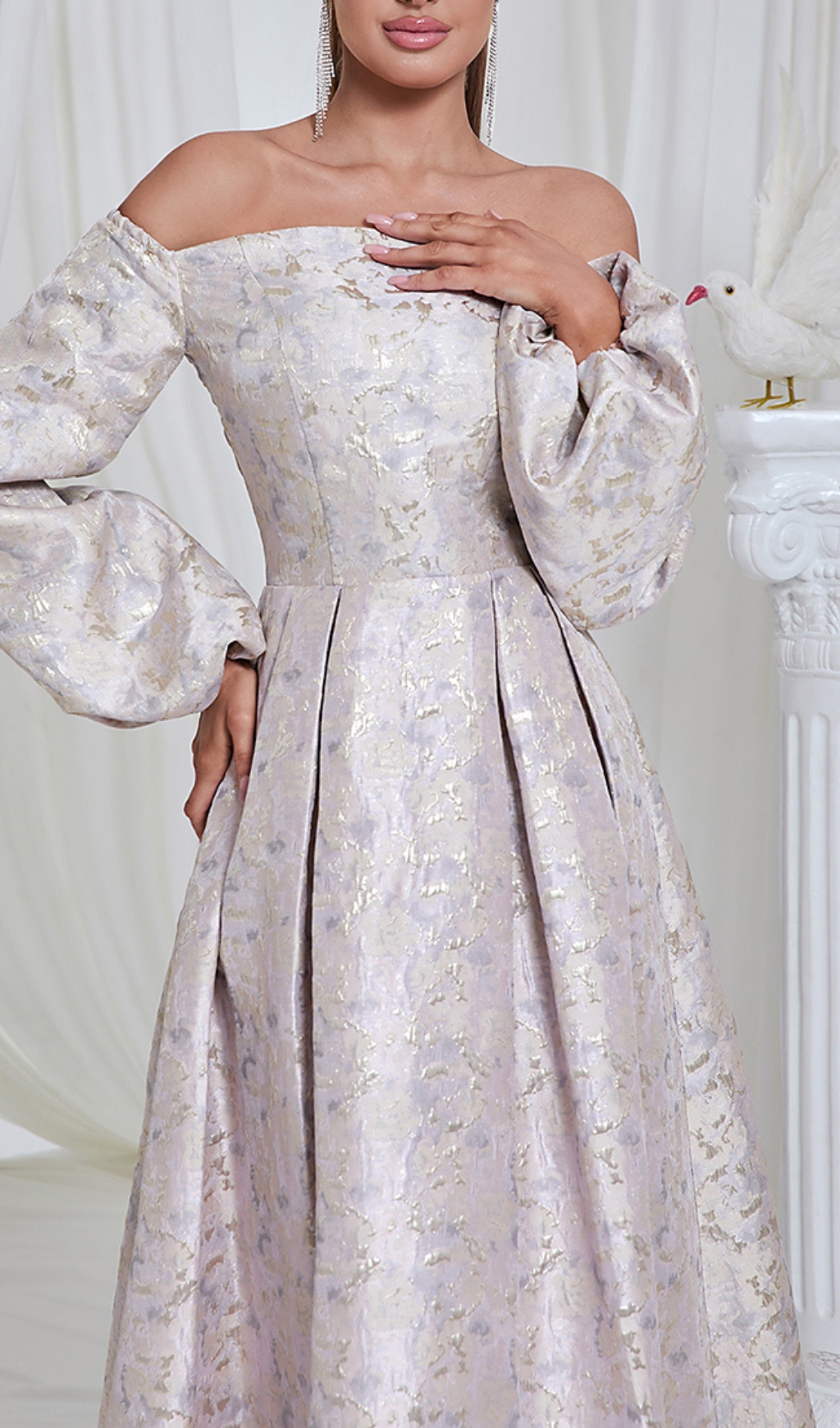 Fashionslee Women Bell Puff Sleeve Jacquard Maxi Dress