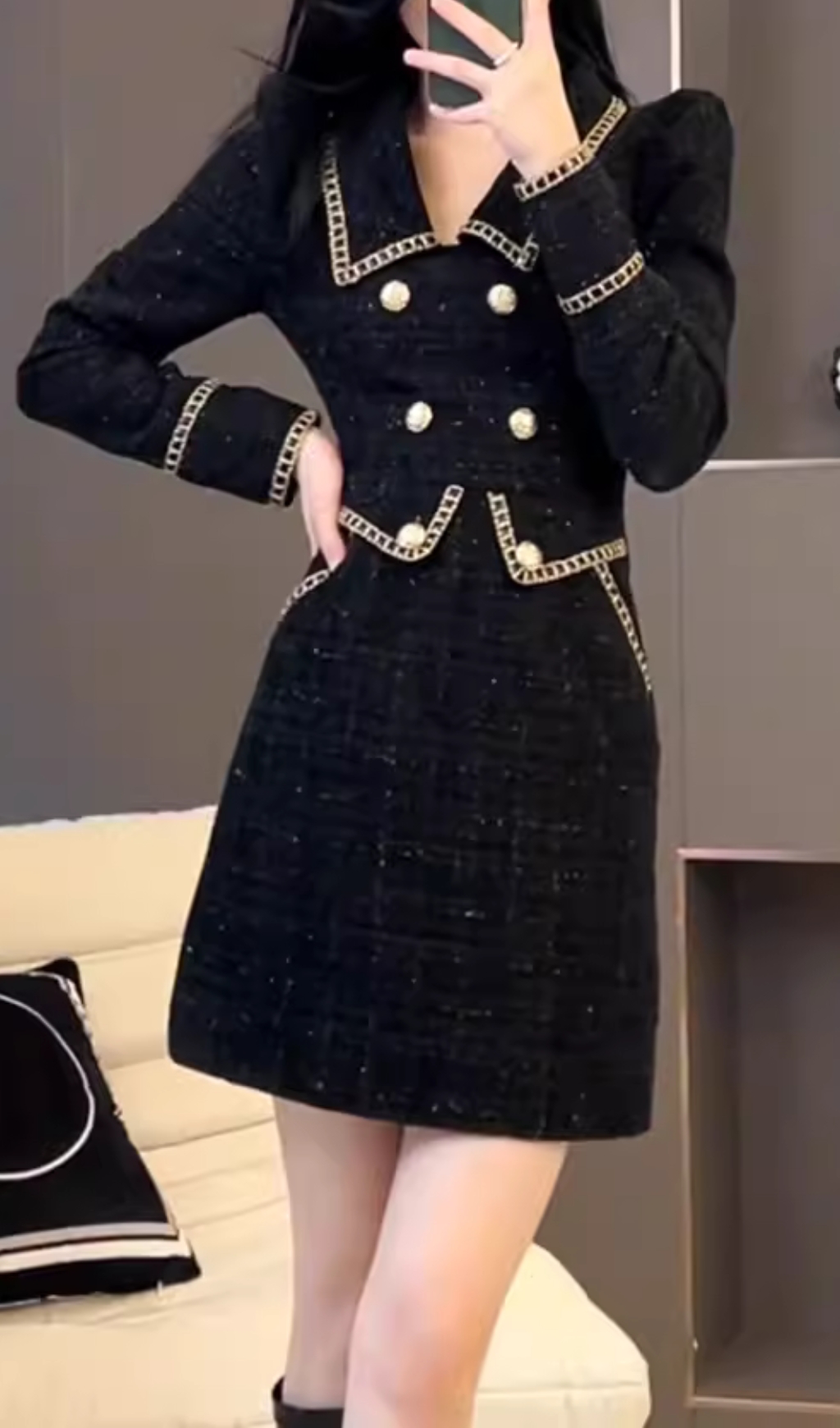 Fashionslee Women Campana Black Long Sleeve Button Mini Dress