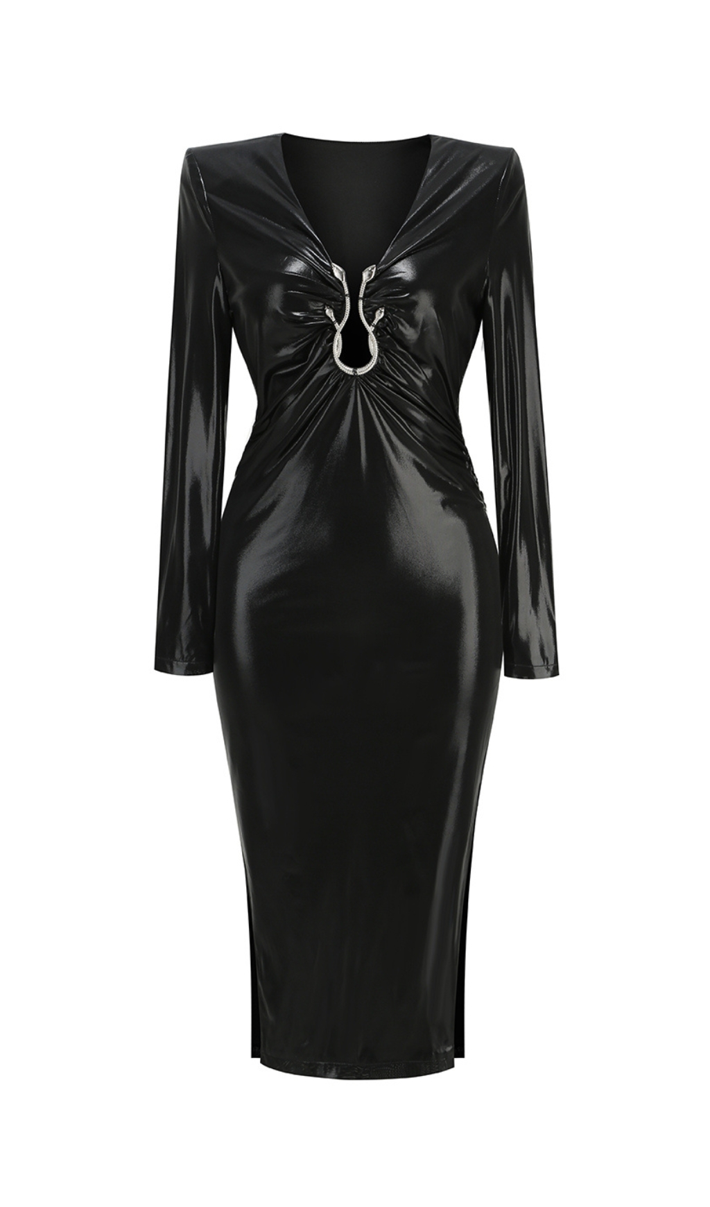 Fashionslee Women Caitlin Leather V-Neck Long Sleeve Midi Dress