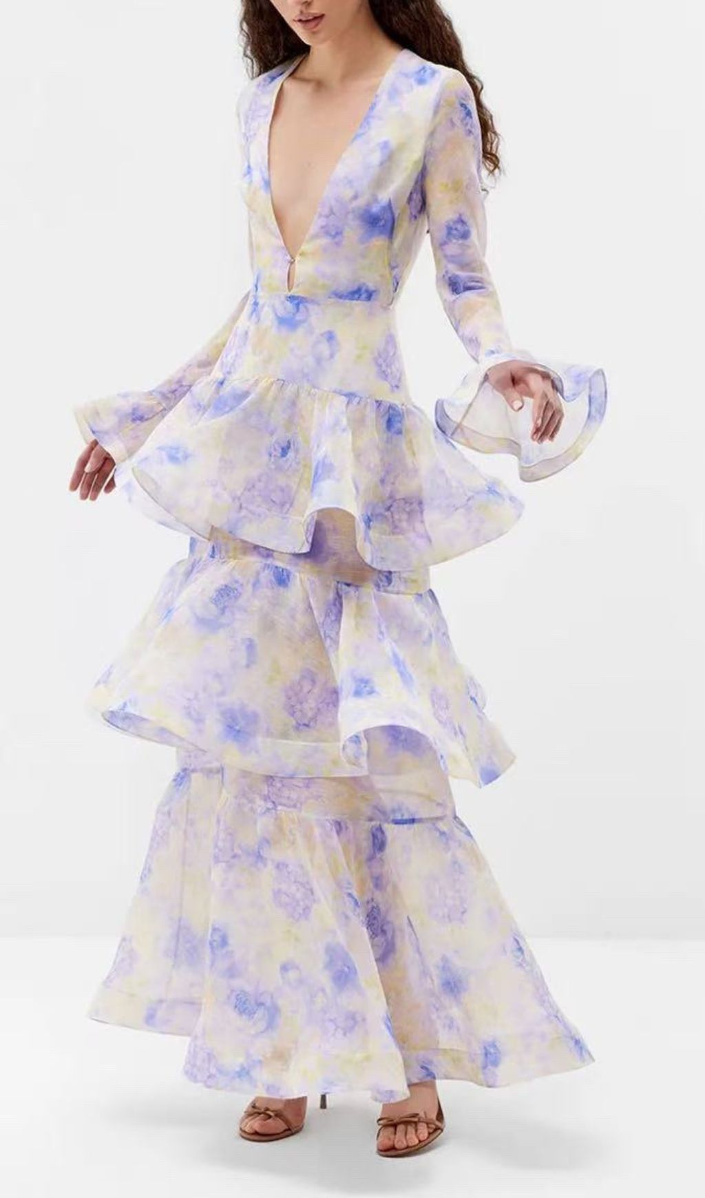 Fashionslee Women Enfys Blue Long Sleeve Printed Maxi Dress