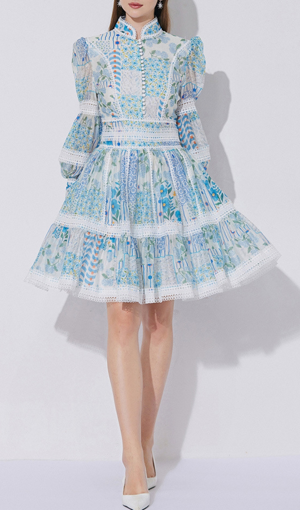 Fashionslee Women Erla Blue Floral Long Sleeve Mini Dress
