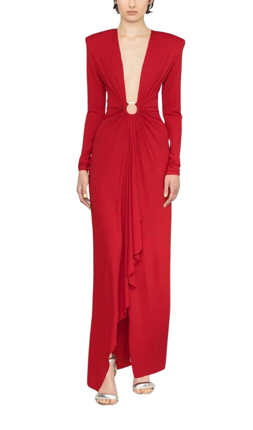Fashionslee Women Red Plunge-Neck Draped Gown