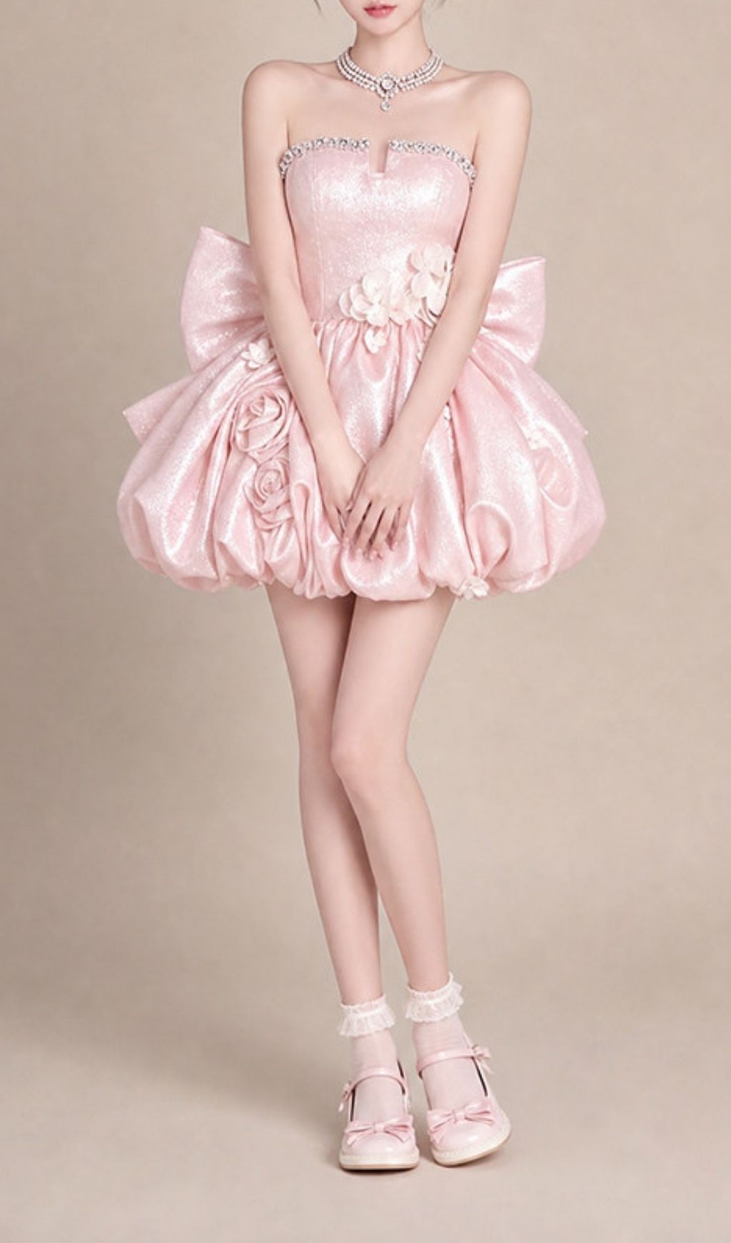 Fashionslee Women Krishika Pink Strapless Flower Bow Mini Dress