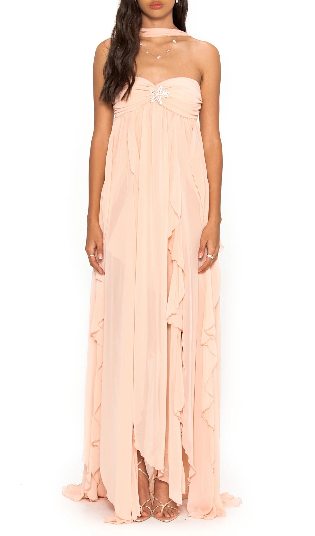 Fashionslee Women Frayne Nudepink Layered Backless Maxi Dress