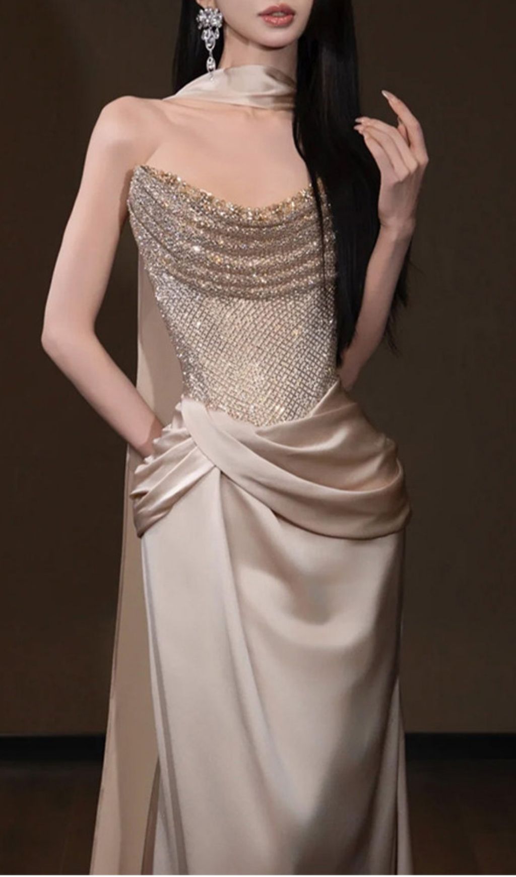 fc9c2eb503cc67e260a3f3a7f4beab44.jpg Fashionslee Women Krystal Champagne Strapless Ruched Maxi Dress
