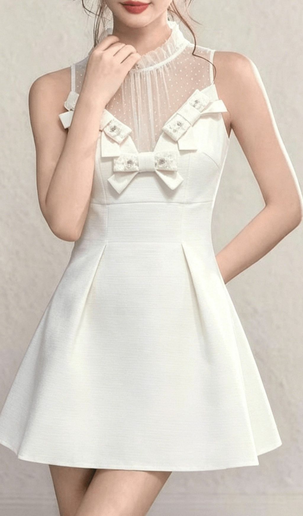 Fashionslee Women Kikkan White Bow Mesh Mini Dress