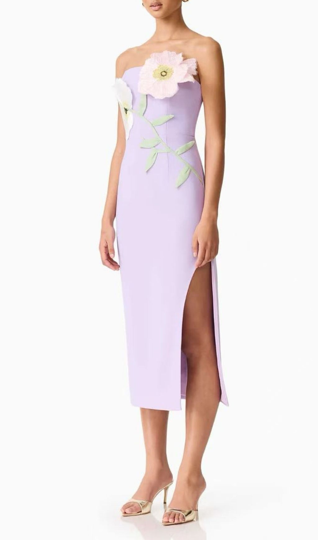 Fashionslee Women Kifle Purple Strapless Embroidery Flower Midi Dress
