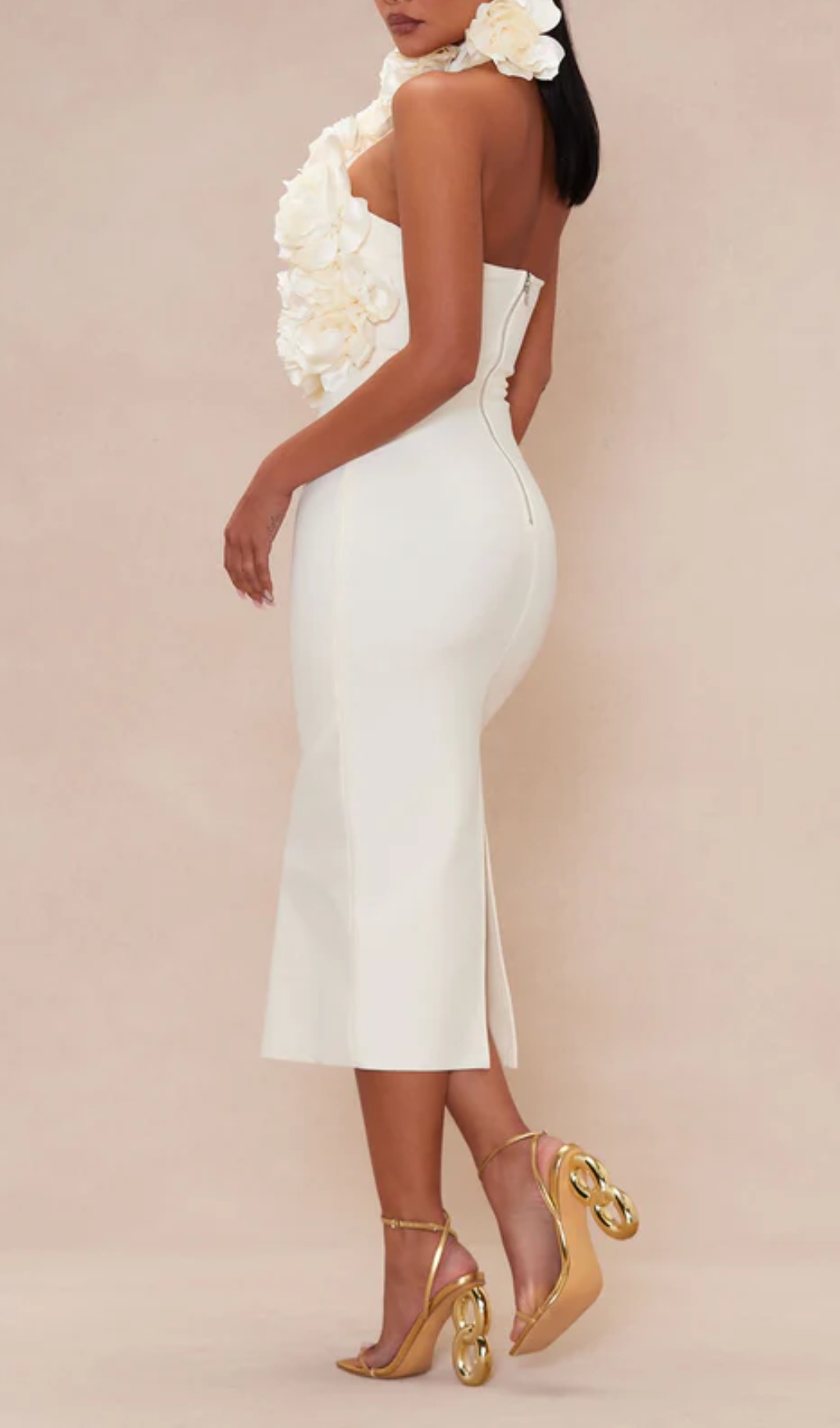 Fashionslee Women Halter Floral Midi Dress White
