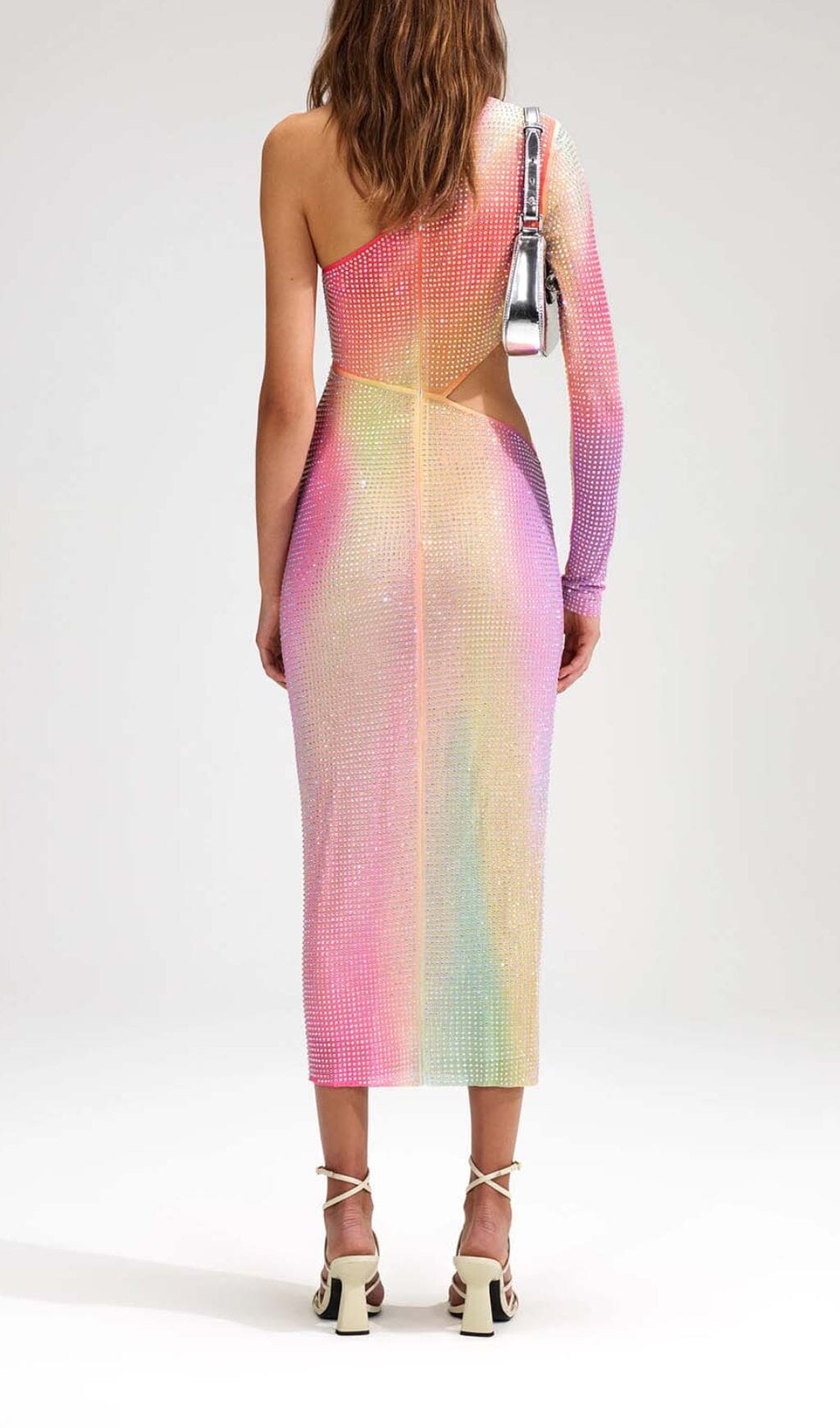 Fashionslee Women Mesh Rhinestone One Shoulder Midi Dress In Cotton Candy