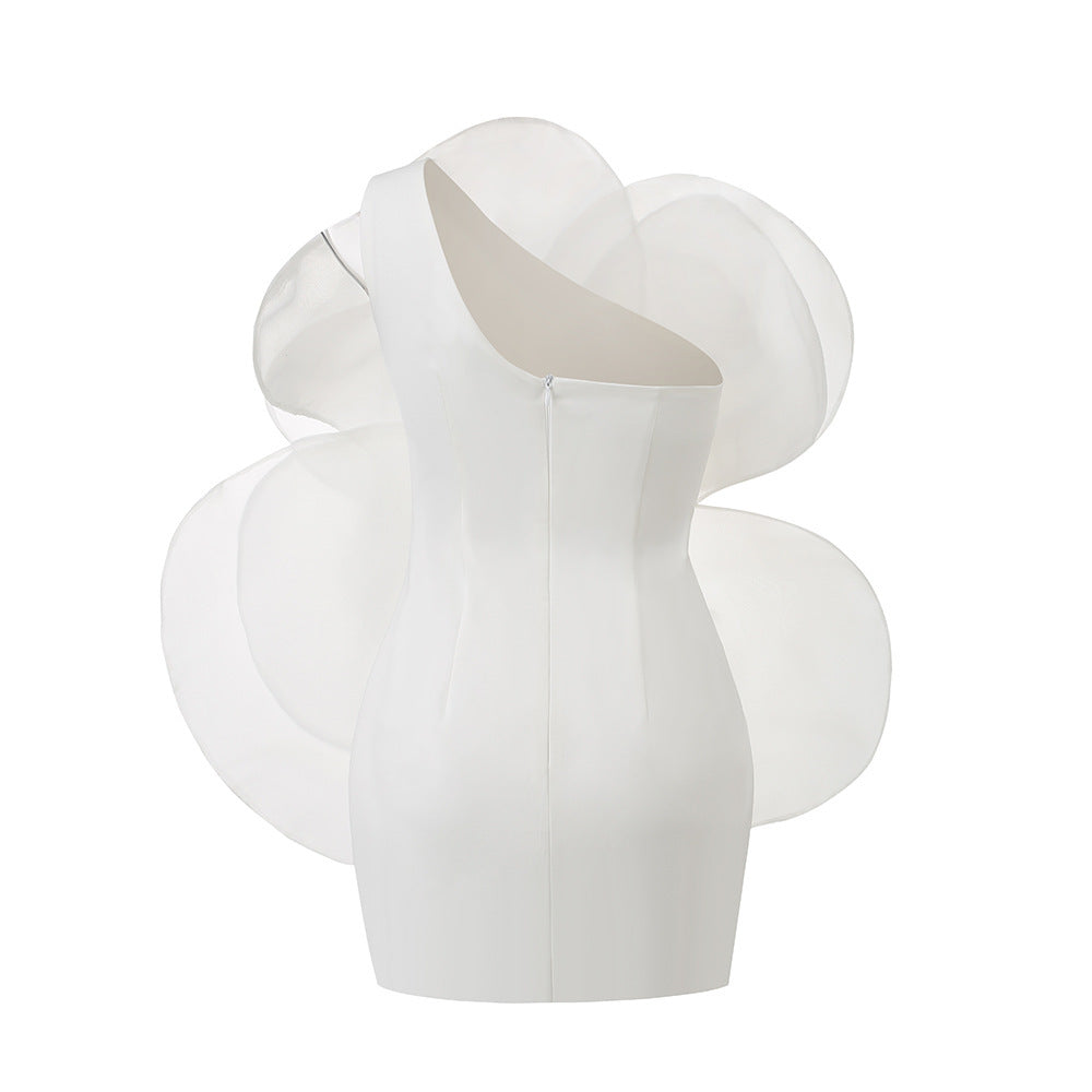 Fashionslee Women One Shoulder Flower Mini Dress In White