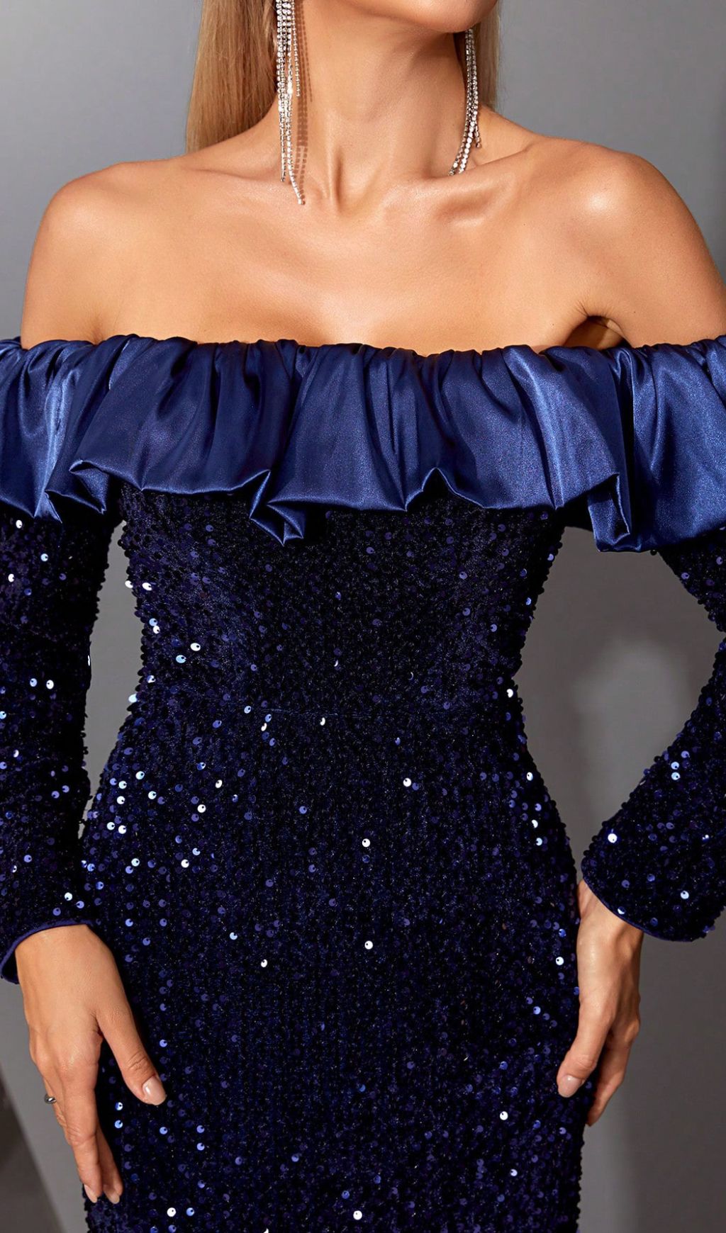 Fashionslee Women Hudson Blue Off-Shoulder Sequin Maxi Dress