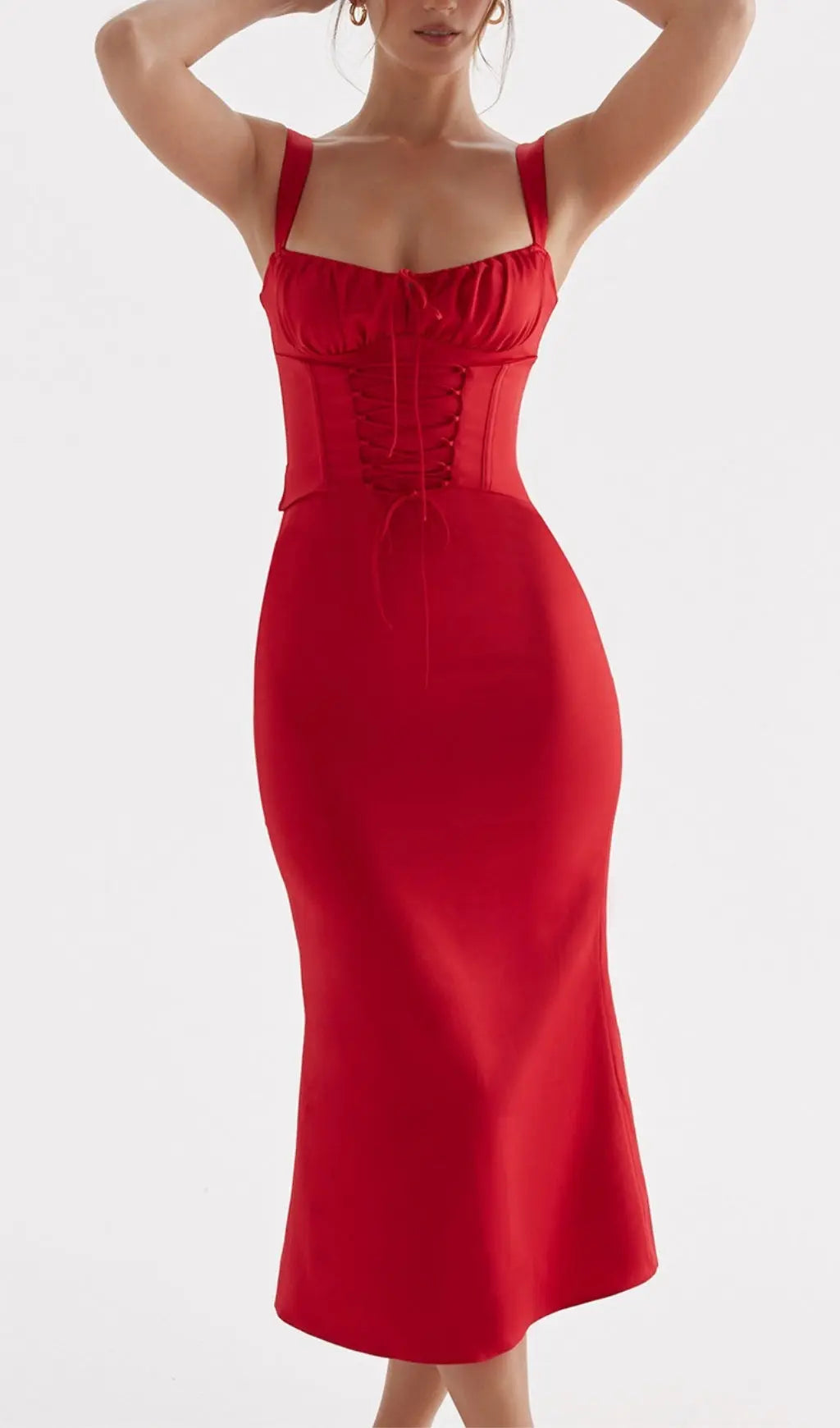 Fashionslee Women Red Lace Up Corset Midi Dress