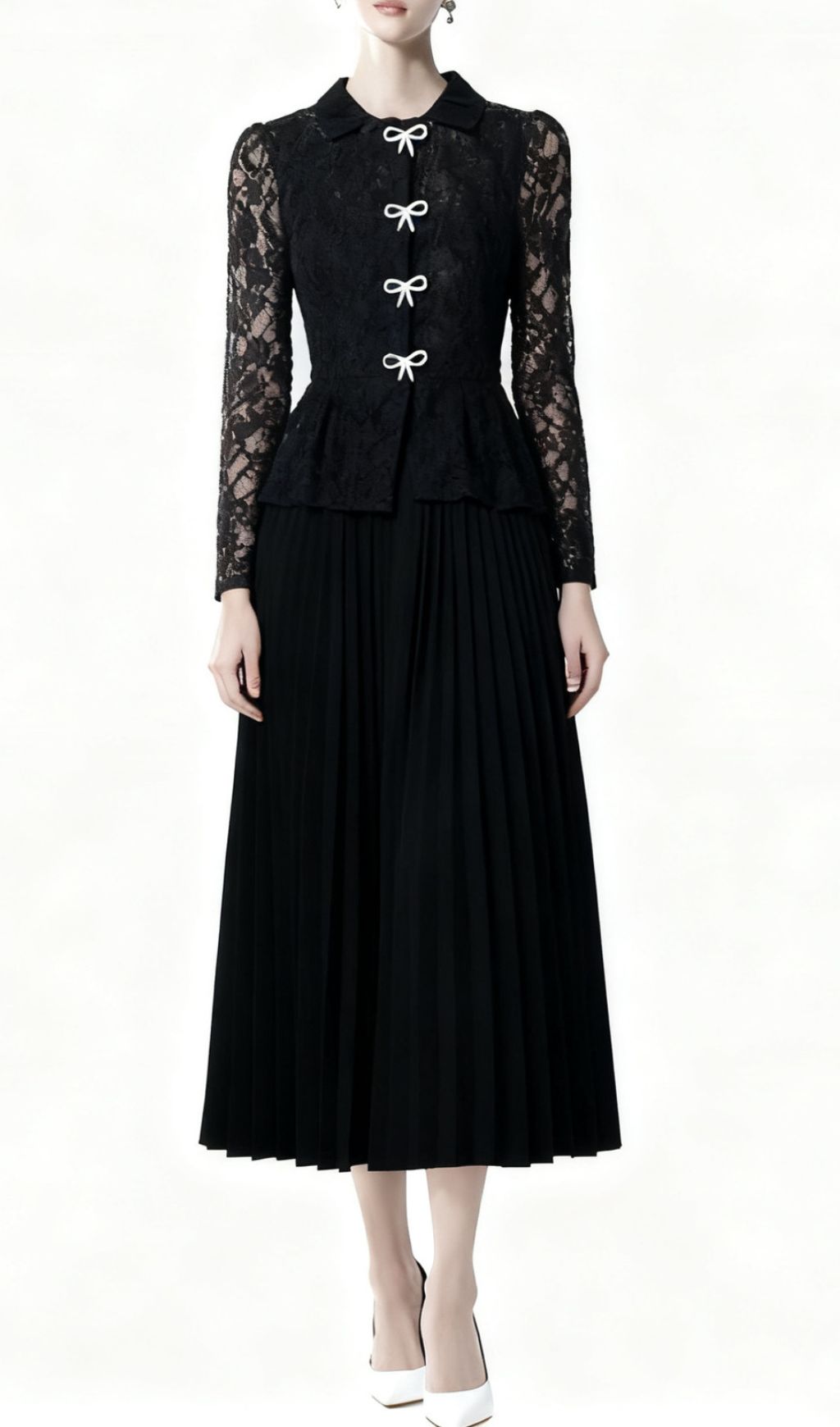 Fashionslee Women Izel Bow Lace Pleated Long Sleeve Midi Dress
