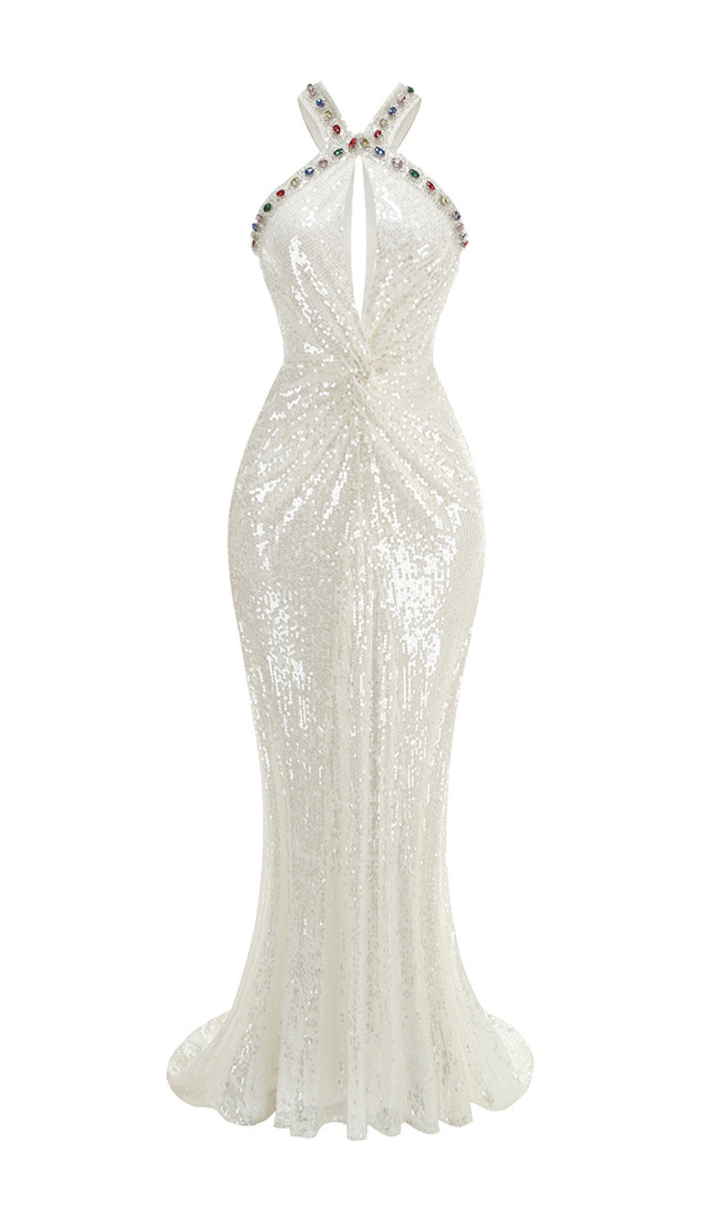 Fashionslee Women Bobbie White Halter Sequin Maxi Dress
