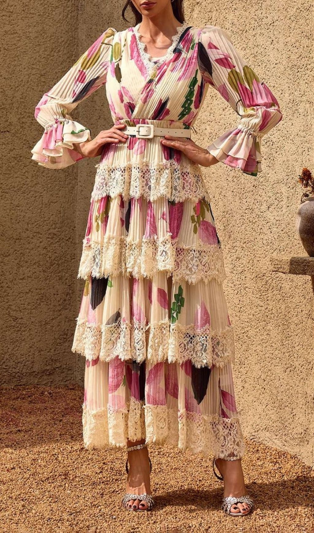 Fashionslee Women Charleen V Neck Floral Lace Tiered Maxi Dress