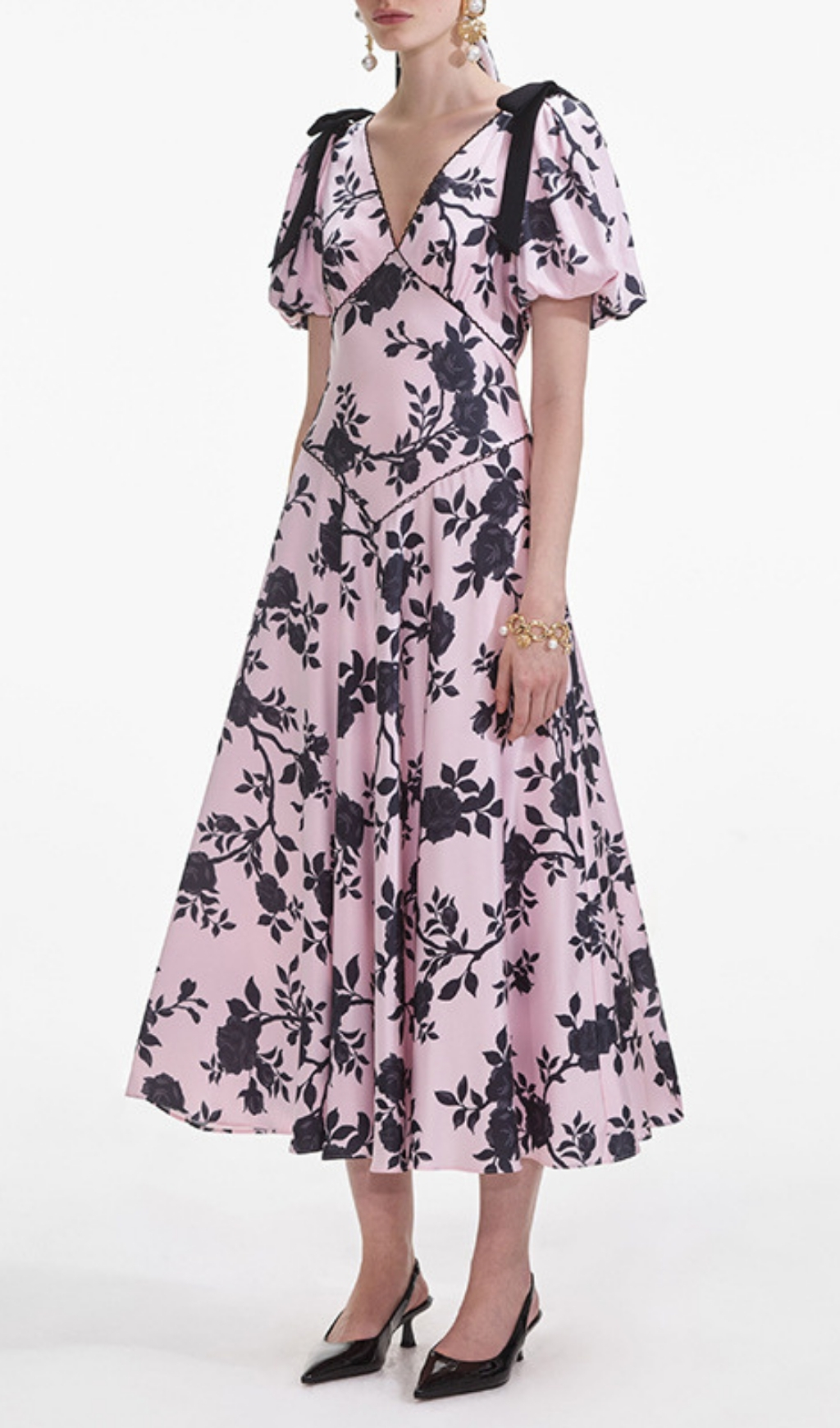 Fashionslee Women Filip Pink Flower Printed V-Neck Midi Dress