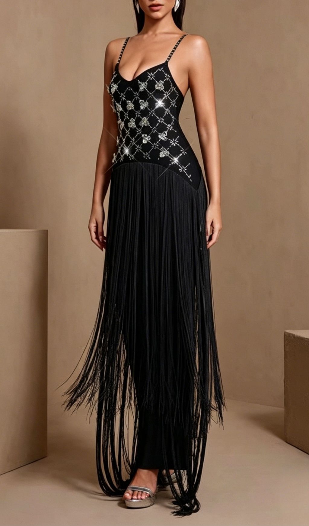 Fashionslee Women Koby Strappy Diamante Tassel Bandage Maxi Dress