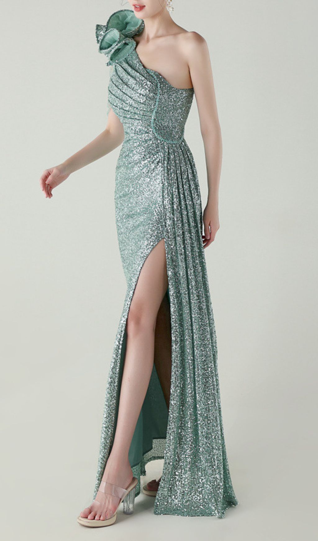 Fashionslee Women Ikia Green One-Shoulder Sequin Maxi Dress