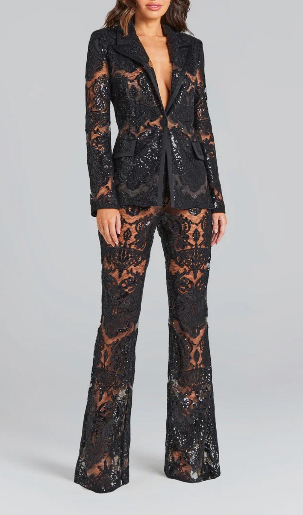 Fashionslee Women Black Lace Blazer And Pants