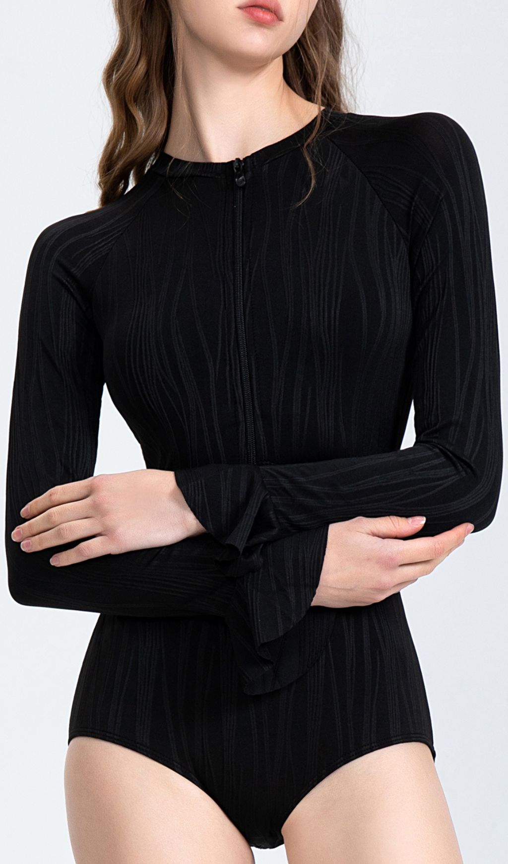 Fashionslee Women Golda Black Long Sleeve One-Piece Swimsuit