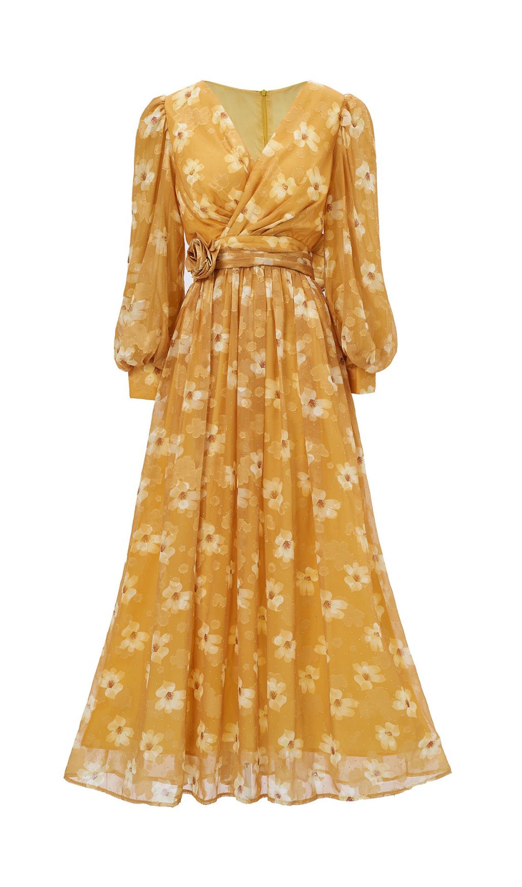 Fashionslee Women Feodora Yellow Floral Printed Long Sleeve Maxi Dress