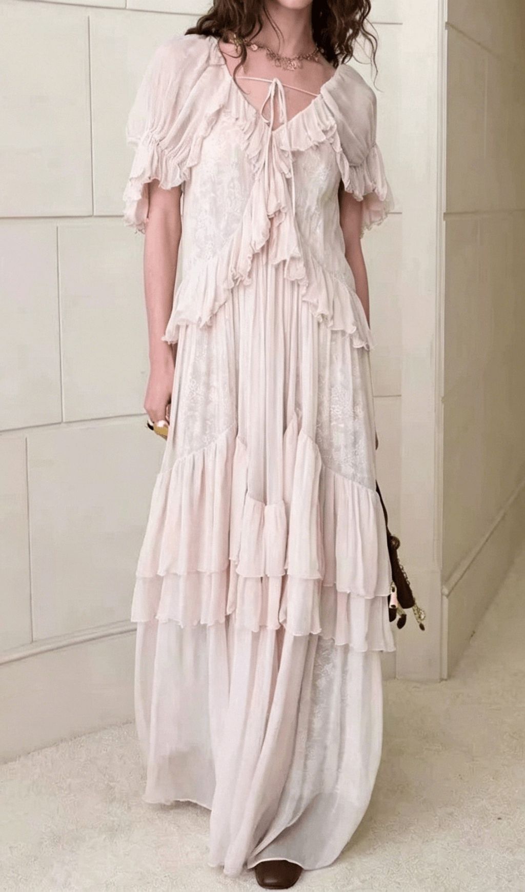 feb992551be270182774dd2176f4a56a.jpg Fashionslee Women Kimamana Pink V-Neck Ruffle Maxi Dress