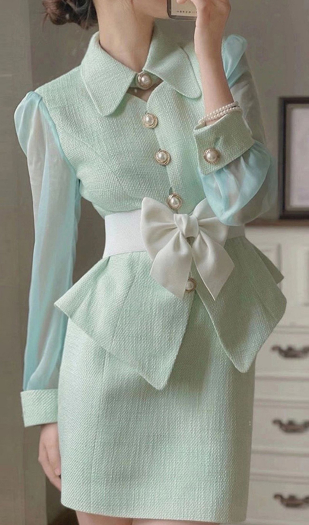 Fashionslee Women Boston Green Pearl Button Bow Skirt Set