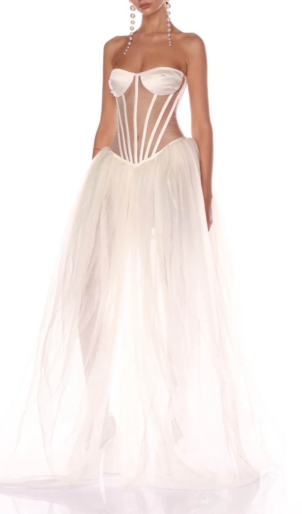 Fashionslee Women Baya White Strapless Corset Mesh Maxi Dress