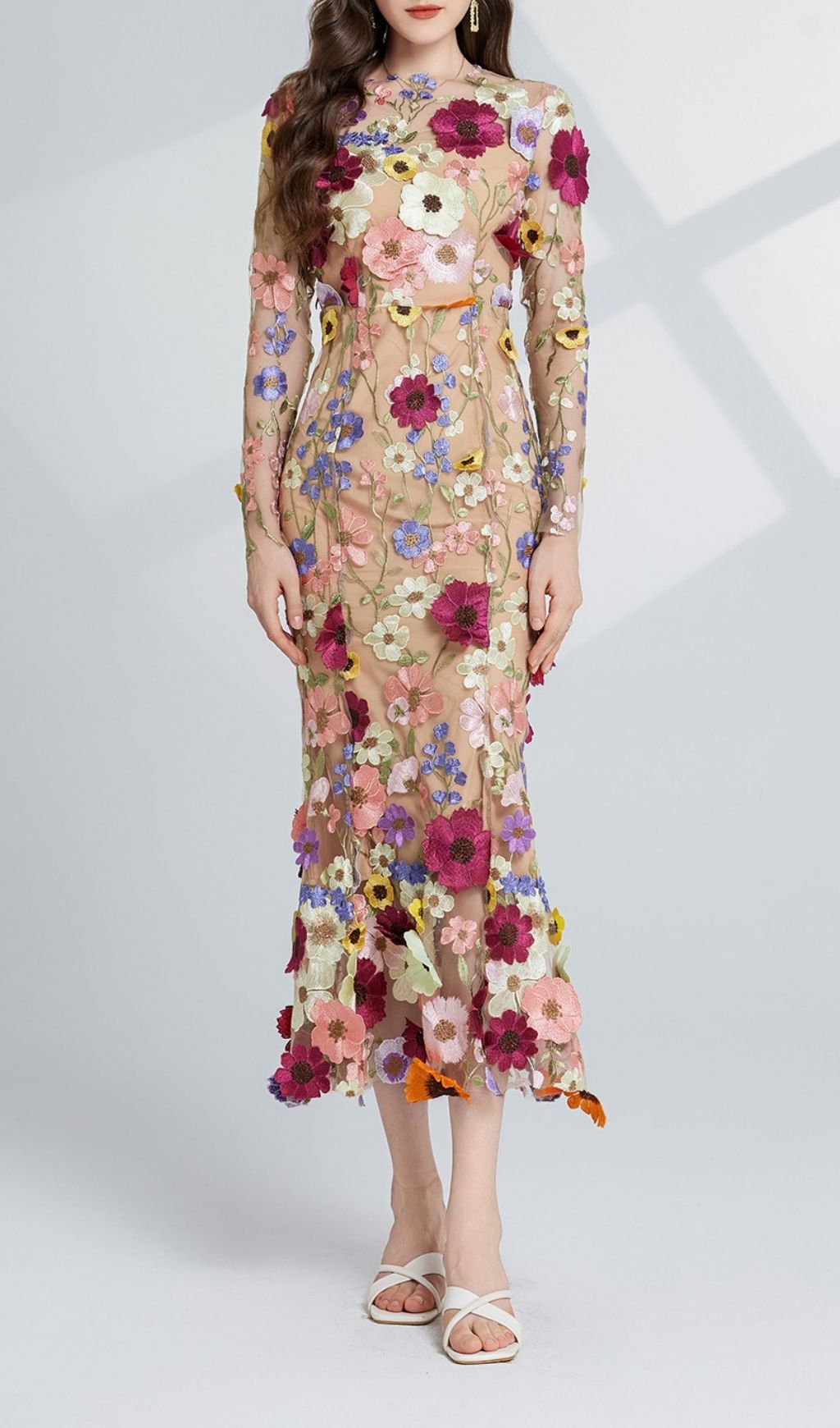 ff22e12f0155e173fcccf980c8e1426b.jpg Fashionslee Women Carol Floral Embroidery Mesh Fishtail Long Sleeve Midi Dress