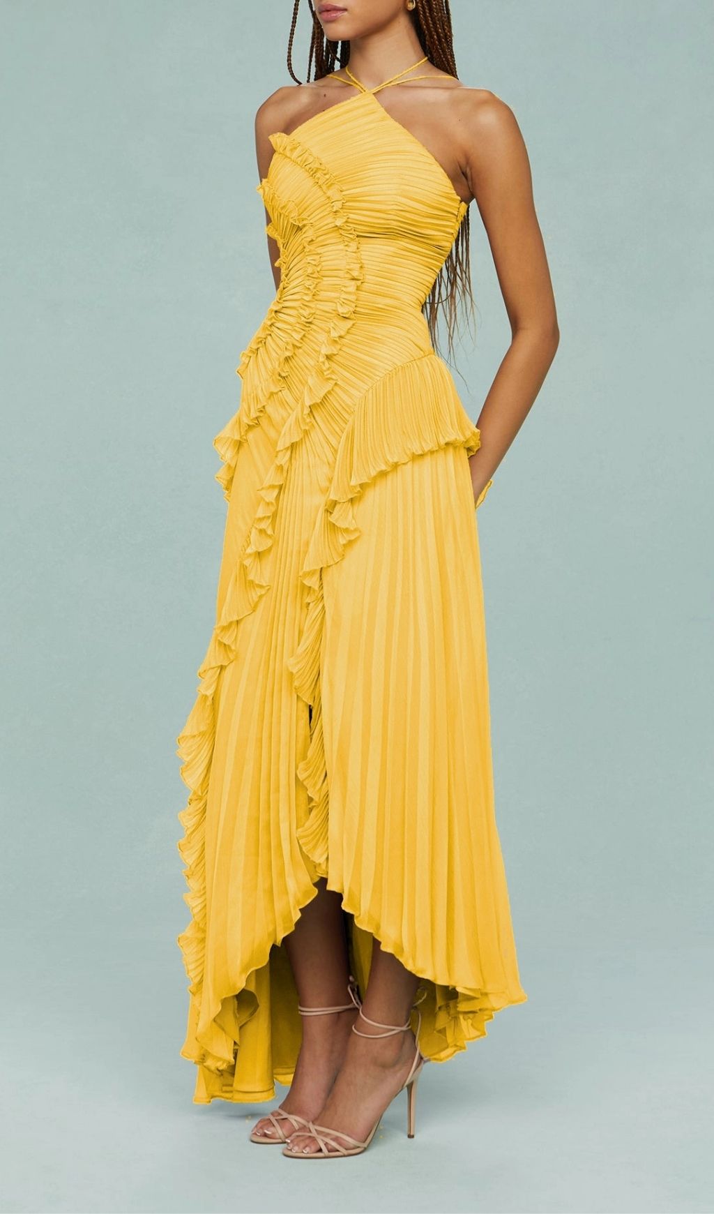 TRENDING YELLOW HALTER PLEATED MAXI - OWNCI TRENDING YELLOW HALTER PLEATED MAXI - OWNCI