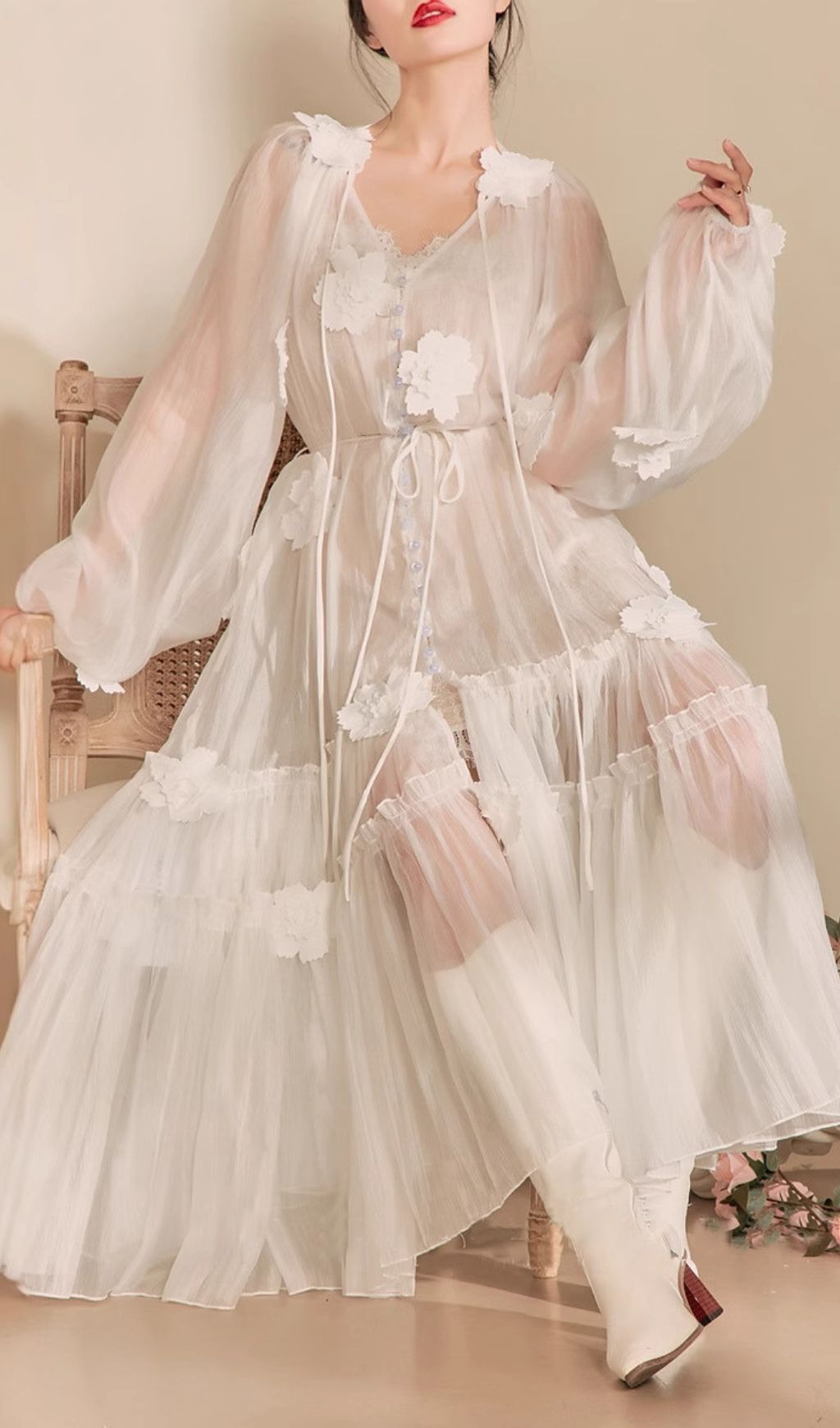 Fashionslee Women Fayre White Flower Embroidery Midi Dress