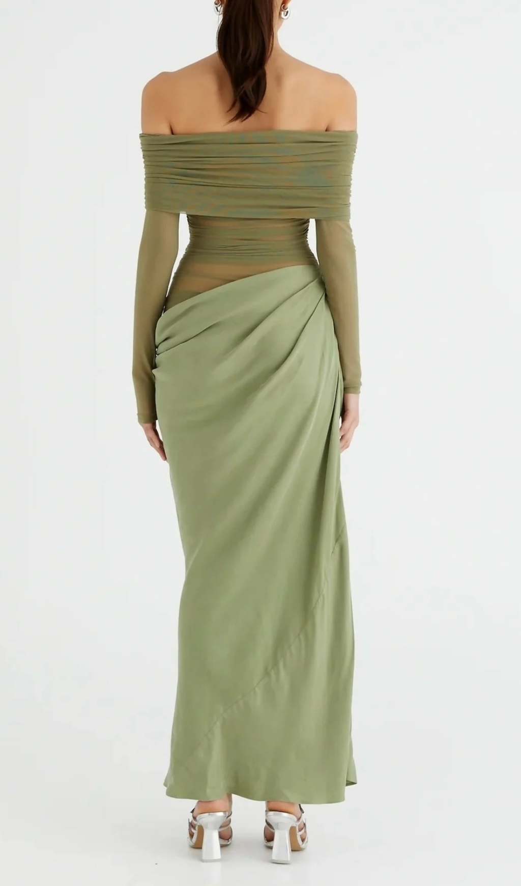 Fashionslee Women Dawood Green Off-Shoulder Long Sleeve Mesh Maxi Dress