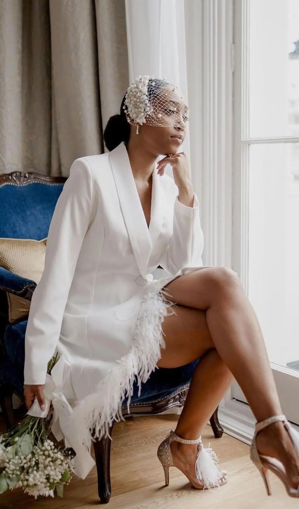 Fashionslee Women Long Sleeves Feather Mini Dress In White