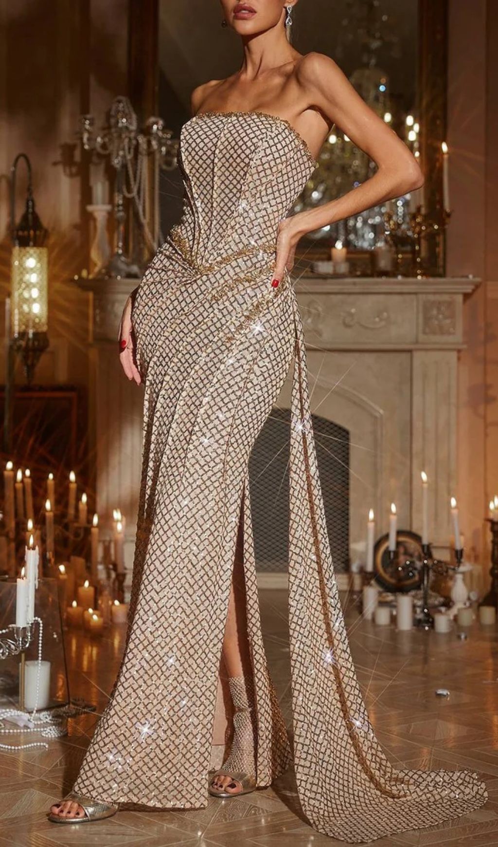 Fashionslee Women Doveva Champagne Strapless Sequin Maxi Dress
