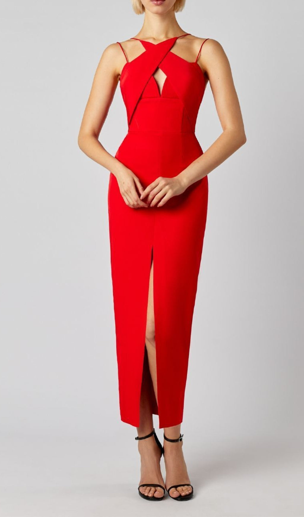 Fashionslee Women Sleeveless Key Hole Split Backless Red Bandage Midi Dress