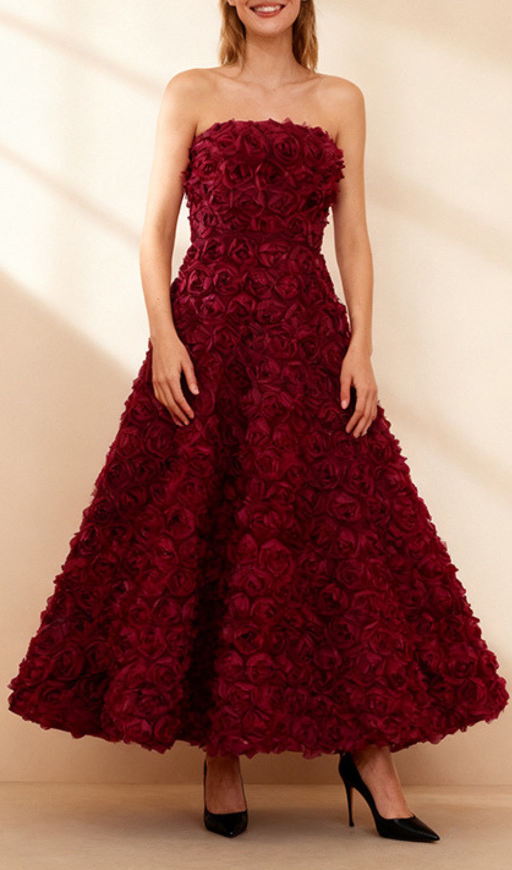 Fashionslee Women Ikuyo Wine Strapless Flower Midi Dress
