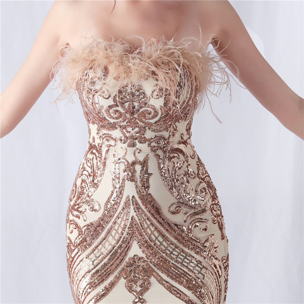 Fashionslee Women Choire Champagne Sequin Feather Maxi Dress