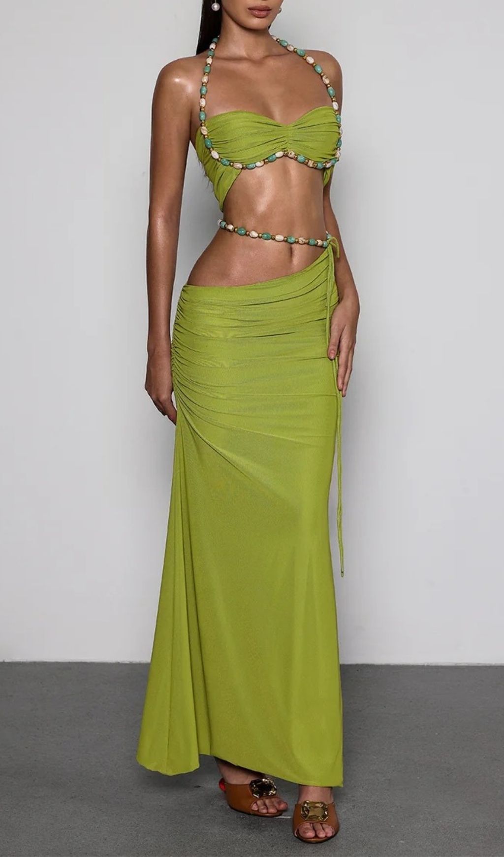 037cd32d6aa303a05dbcd87bf6cc9253.jpg Fashionslee Women Eryna Halterneck Ruched Skirt Set In Chartreuse
