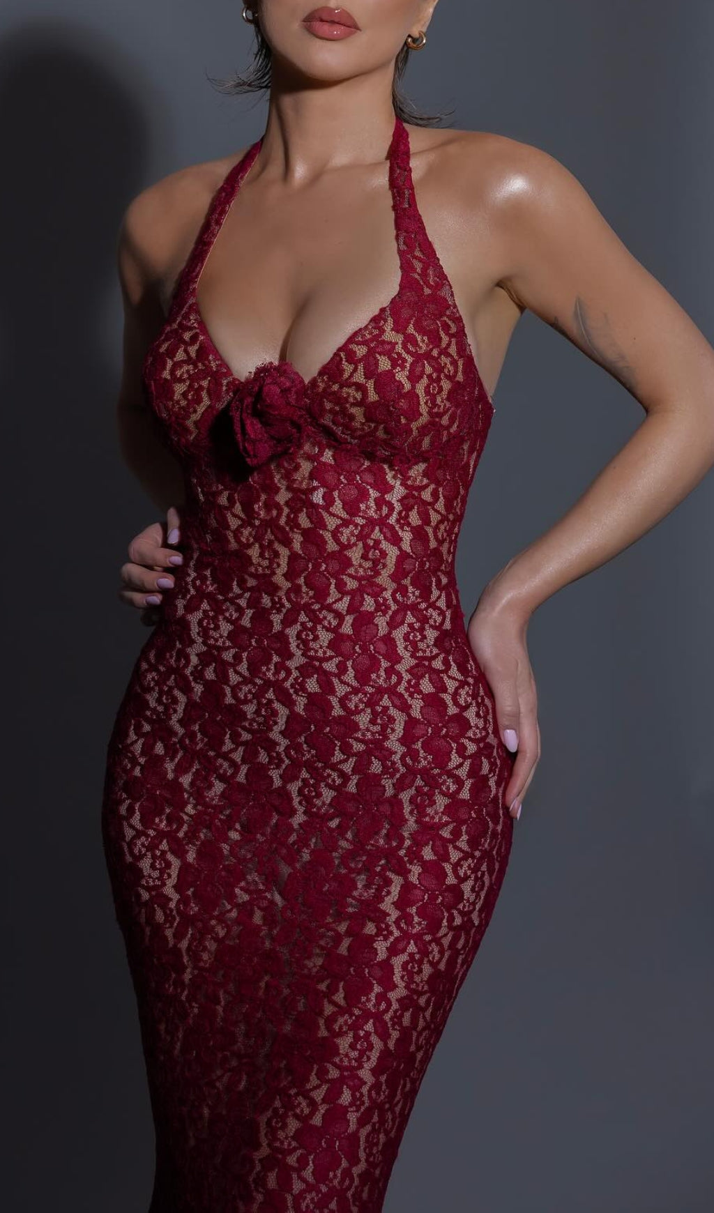Fashionslee Women Bedelia Wine Halter Lace Maxi Dress