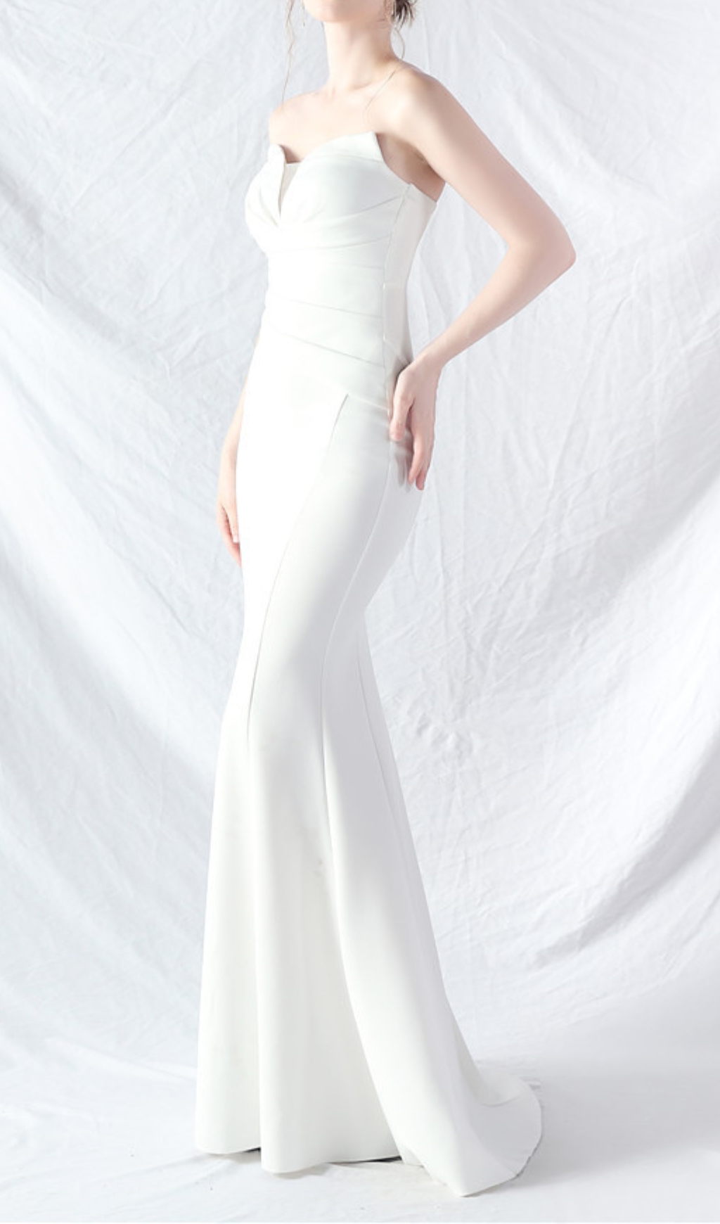 WHITE STRAPLESS RUCHED MAXI DRESS AESTHETIC - OWNCI