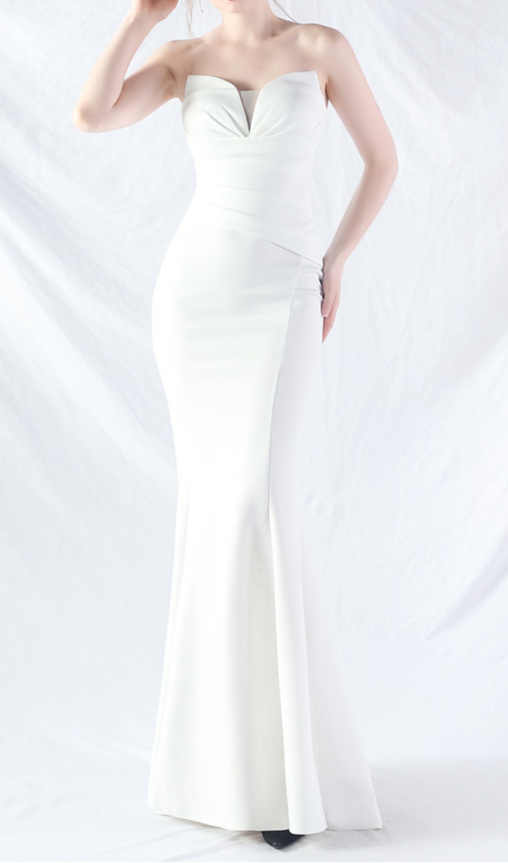 WHITE STRAPLESS RUCHED MAXI DRESS AESTHETIC - OWNCI