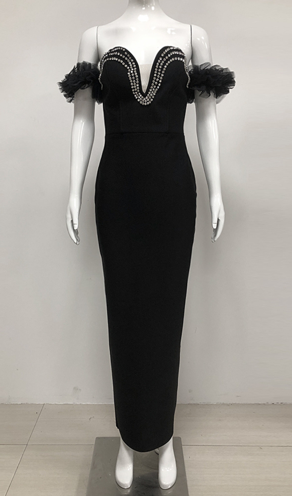 Fashionslee Women Cilicia Black Ruffle Crystal Maxi Bandage Dress